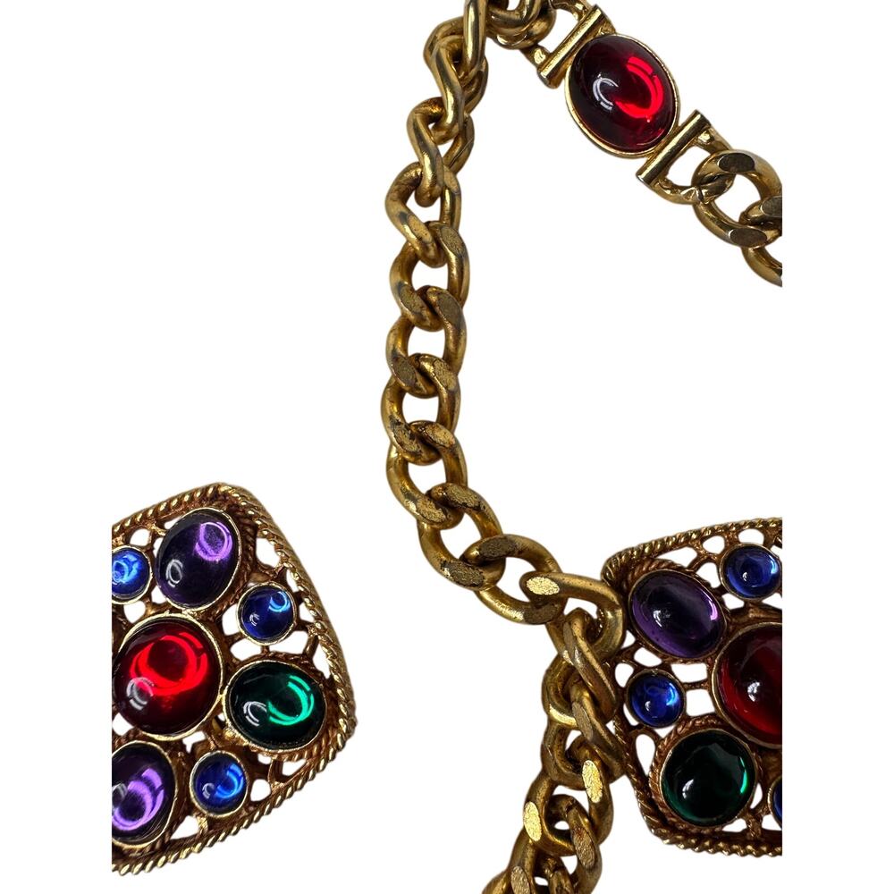 Gold Curb Chain Necklace Earring Set Multi Color Glass Cabochon Whimsigoth Bold